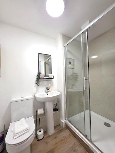 a bathroom with a toilet and a sink and a shower at Stunning One Bed Flat at Dawe Luxury Suites - An Entire Apartment near Ely Cathedral & Train Station - The Perfect Base to Explore Ely, Cambridge, Norfolk & London - 2 Guests Max in Ely