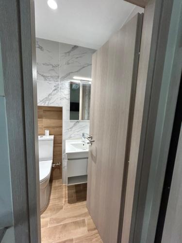 アテネにあるΜοντέρνο διαμέρισμα στη Δάφνηの白いトイレと洗面台のあるバスルーム