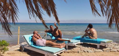 a group of people sitting on hammocks on the beach at Panorama Lodge Nuweiba in Nuweiba