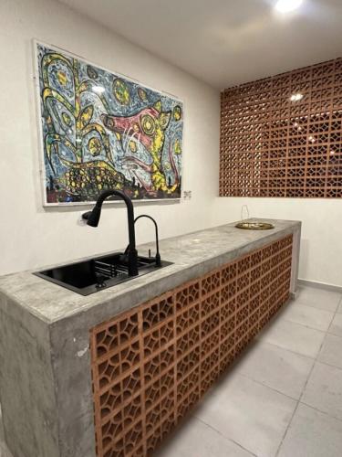 a kitchen with a sink and a painting on the wall at Casa Sta Inés in Cuautla Morelos