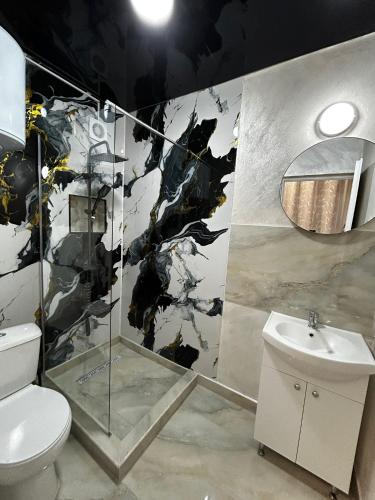 a bathroom with a shower and a toilet and a sink at PENSIUNEA Ana in Buftea