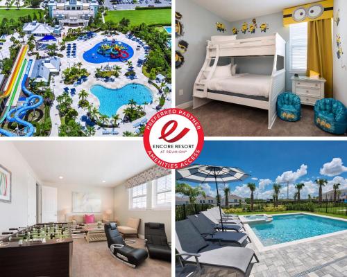 a collage of photos of a hotel room with a pool and a resort at Delightful Home Near Disney With Private Pool, Media Room, Waterpark & Resort Access At Encore Resort Reunion - 7418Mr in Kissimmee