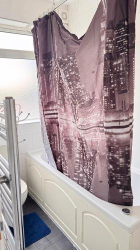 a bath tub with a shower curtain in a bathroom at Panthea Home in Barkingside