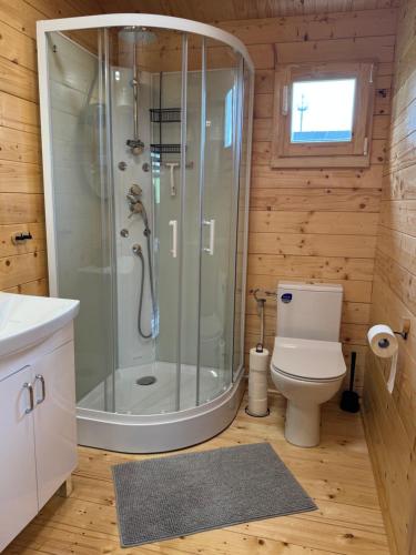 a bathroom with a shower and a toilet at Sosnowy Zakątek Stegna- wędkowanie, rowery, plac zabaw in Stegna