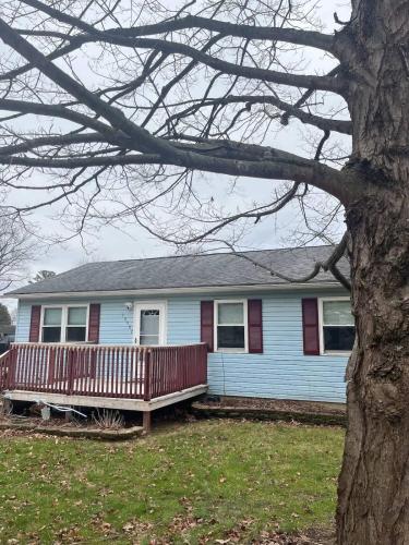 a blue house with a porch and a tree at Blue Heron Cottage with Game Room, Deck & Hot Tub in Logan