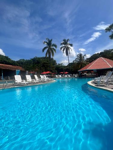 a large swimming pool with chairs and palm trees at Hostería Florida Tropical in Santa Fe de Antioquia