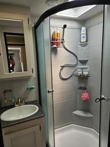 a bathroom with a shower and a sink at Tranquil Stay Close to Hotspots 