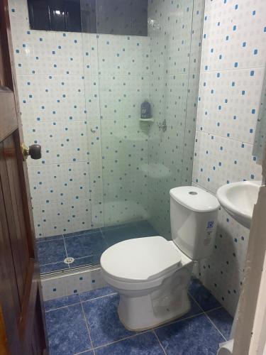 a bathroom with a toilet and a shower and a sink at FInCA LA BENDICIÓN DE SUNNYVALE in La Vega
