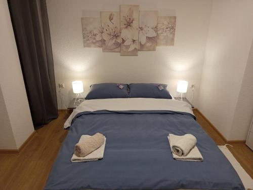 a bedroom with a blue bed with two pillows at Apartmani Piralis in Bihać