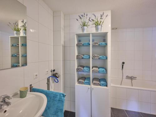 a bathroom with a white cabinet with blue towels at t Katreel in Rietmolen