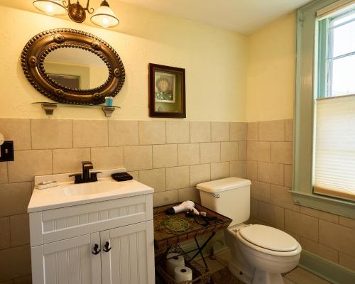 a bathroom with a toilet and a sink and a mirror at Scranton Seahorse Inn in Madison