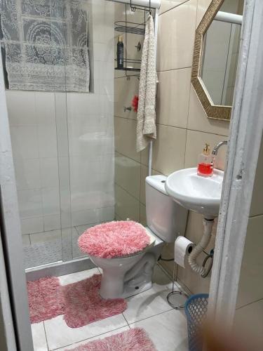 a bathroom with a shower and a toilet and a sink at Casarão Maracanã in Rio de Janeiro