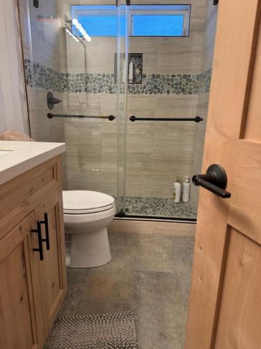 a bathroom with a toilet and a glass shower at Fully Renovated Northstar Lake Tahoe Retreat in Truckee