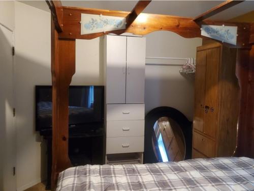 a bedroom with a bed and a tv and a fireplace at Hot Tub with King Bed in Anchorage
