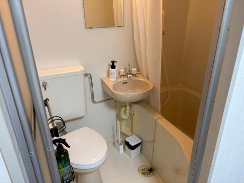 a small bathroom with a toilet and a sink at お宿あびこシルバーハイツ in Osaka
