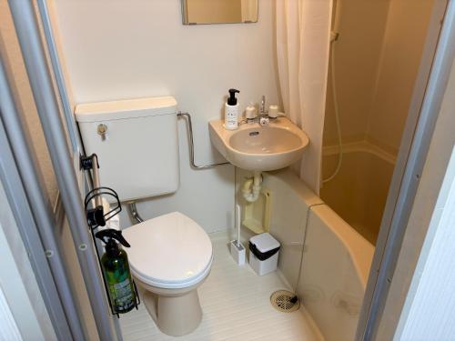 a small bathroom with a toilet and a sink at お宿あびこシルバーハイツ in Osaka