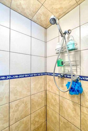 a shower in a tiled bathroom with a shower head at Cozy Studio Cottage in Downtown Twin Falls in Twin Falls