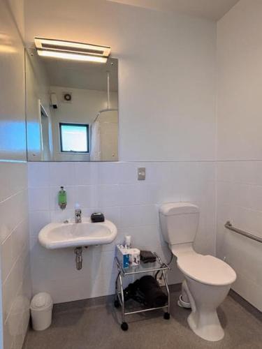 a white bathroom with a toilet and a sink at Carrick Lodge Motel in Cromwell
