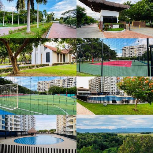 a collage of photos of buildings and a tennis court at Condominio Ricaurte in Ricaurte