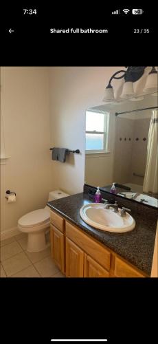 a bathroom with a sink and a toilet and a mirror at Stunning Beauty in Redding