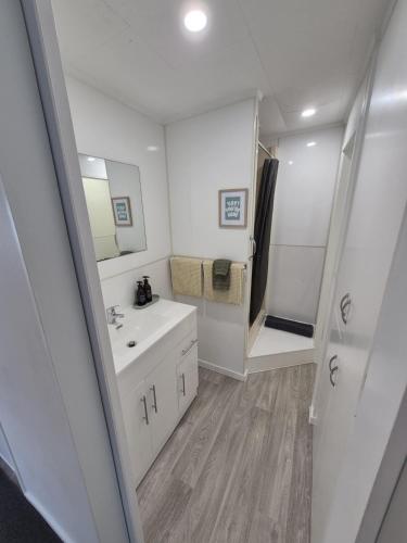 Un baño blanco con lavabo y ducha. en Studio Parahaki, en Whangarei