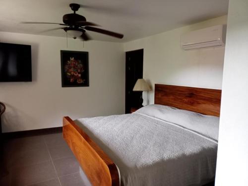 a bedroom with a bed and a ceiling fan at Paradise by the Playa in Los Ayala