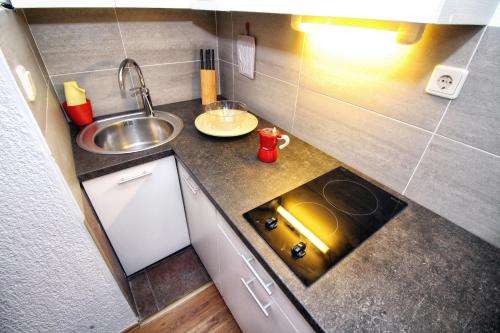 een kleine keuken met een wastafel en een aanrecht bij Apartments Nevija in Rovinj