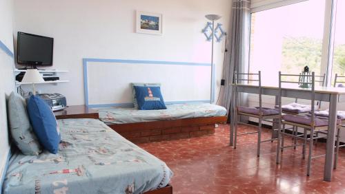 a bedroom with a bed and a bunk bed and a television at Cau de Creus in Port de la Selva