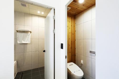 a bathroom with a toilet and a shower at Chuncheon Intro Family hotel in Chuncheon