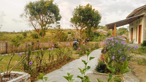 a garden with purple flowers and a fence at Twins Homestay ekas in Pulau Gilkaliantan