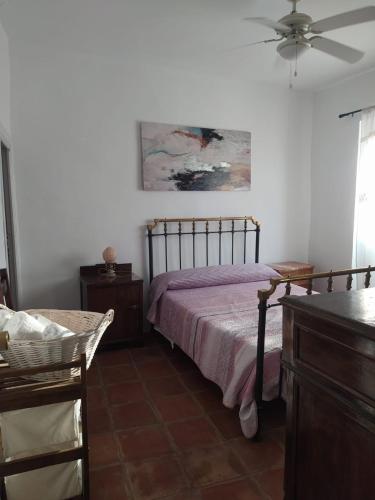 a bedroom with a bed and a ceiling fan at Casa de Mirasierra in Bedmar