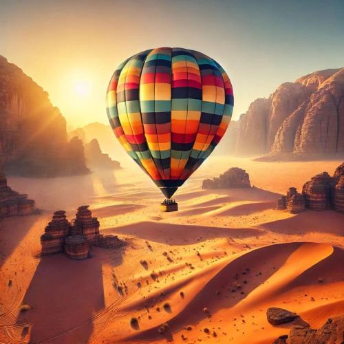 a hot air balloon flying over the desert at Wadi Rum Faris in Wadi Rum