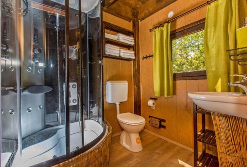a bathroom with a shower and a toilet and a sink at Treehouse Dubrovnik in Čilipi