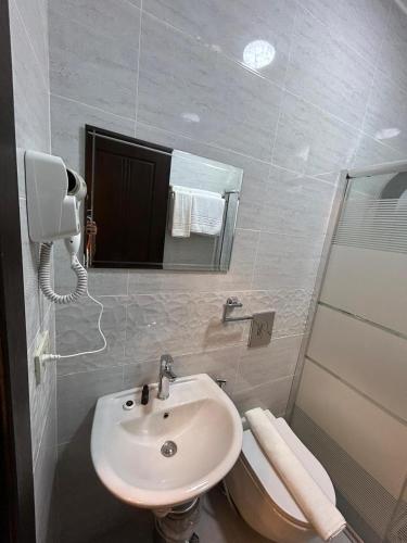 a bathroom with a sink and a toilet and a mirror at Petra Brothers in Petra