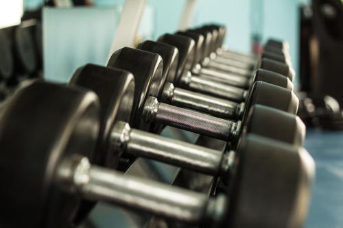 a row of dumbbells lined up in a gym at Horizon Manor Hotel in Doha