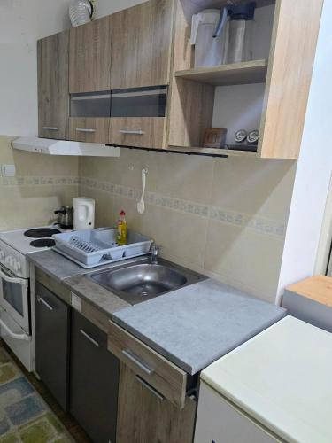 a small kitchen with a sink and a stove at SMEŠTAJ SOLARIS kod Aqua Parka SUPERIOR & FAMILY Apartments in Soko Banja