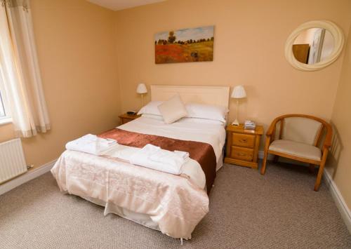 een slaapkamer met een bed, een stoel en een spiegel bij O Neills Bed and Breakfast in Dingle