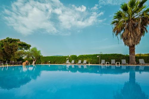 a large swimming pool with a palm tree and chairs at Hotel Sias Resort in Agios Avgoustinos