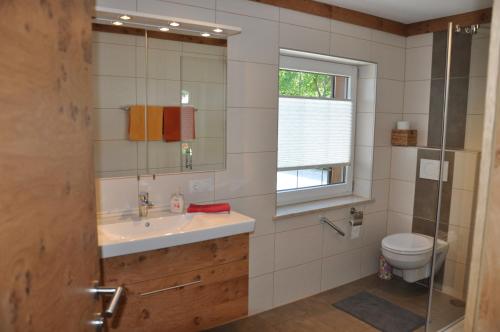 a bathroom with a sink and a toilet and a mirror at Gästehaus Mayer in Mieming