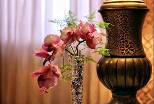 a vase with pink flowers in it sitting next to a vase with at Oškrogs in Ķegums