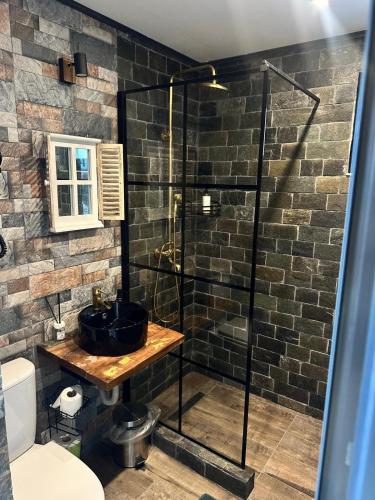 a bathroom with a glass shower with a sink at La Popasul Cerbului in Semenic
