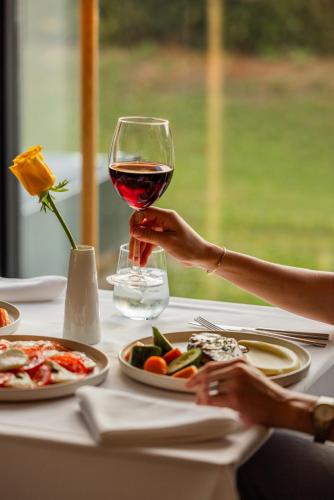 a person sitting at a table with a glass of wine at LMS - La Maison Suisse - Döttingen in Döttingen