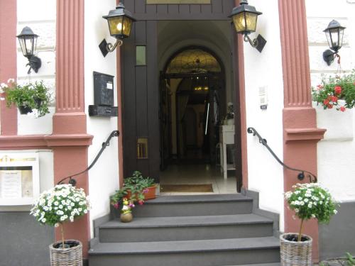 a front door of a building with two potted plants at Hotel-Restaurant Kastel in Bernkastel-Kues