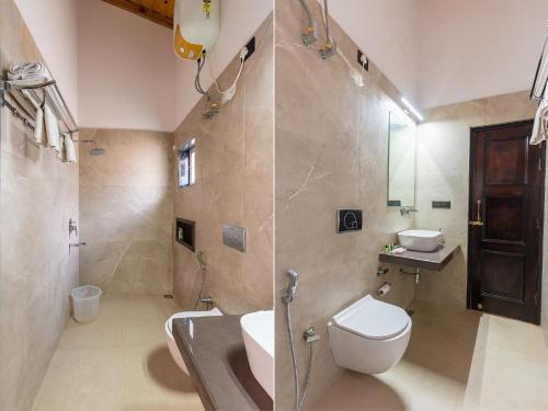 a bathroom with a toilet and a sink and a shower at Peace Stay 2BHK Villa in Bhīm Tāl
