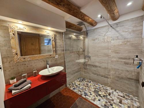 een badkamer met een wastafel en een douche bij Le nid douillet in Pertuis
