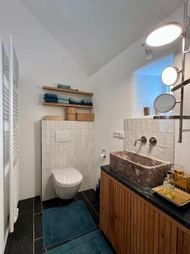 a bathroom with a sink and a toilet at Eschette Retreat in Rambrouch