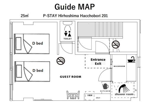 a schematic diagram of a room with a guide map at P-Stay 広島八丁堀 201号室 in Ōsukachō
