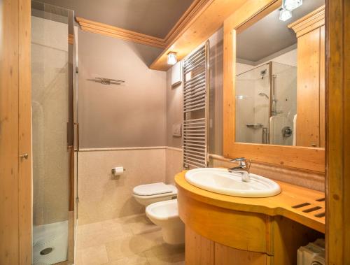 a bathroom with a sink and a toilet and a mirror at Elegant Tablà with Garden R&R in Cortina dʼAmpezzo