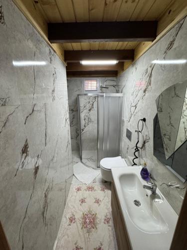 a bathroom with a sink and a toilet at Pallas Otel in Ardeşen