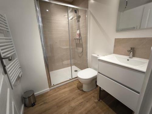 Un baño con ducha, inodoro y lavabo. en Salmon paix avec accès autonome, en Villejuif
